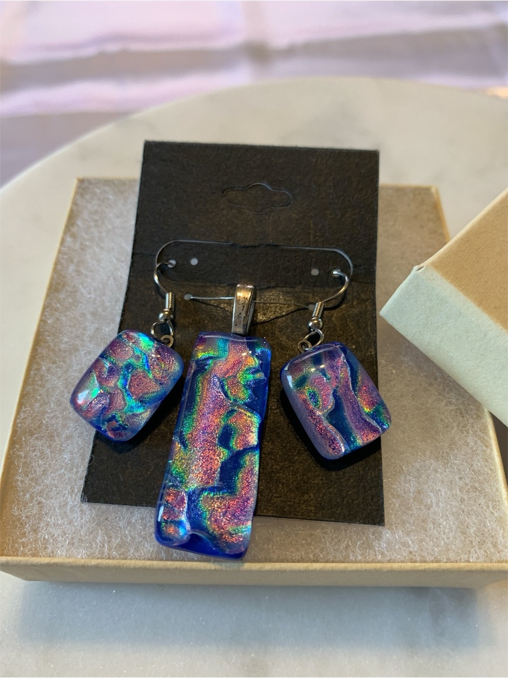 Iridescent Blue Dichroic Glass Pendant and Earring Set